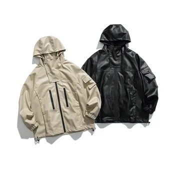 Куртка с капюшоном из искусственной кожи с несколькими карманами, пальто, мужская уличная одежда для подростков, Модная Свободная повседневная кожаная верхняя одежда для женщин