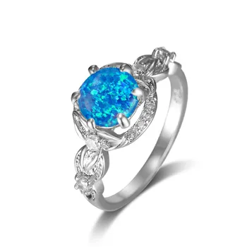 Обручальное кольцо с круглым камнем с шестью когтями, Белое Обручальное кольцо с голубым опалом, Классические кольца с цветами серебряного цвета Для женщин, минималистичные украшения